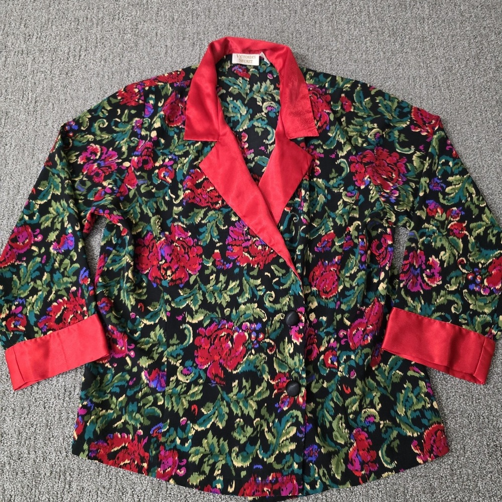 Vintage Victoria's Secret Floral Satin Trim Pajama Lounge Blazer Jacket S